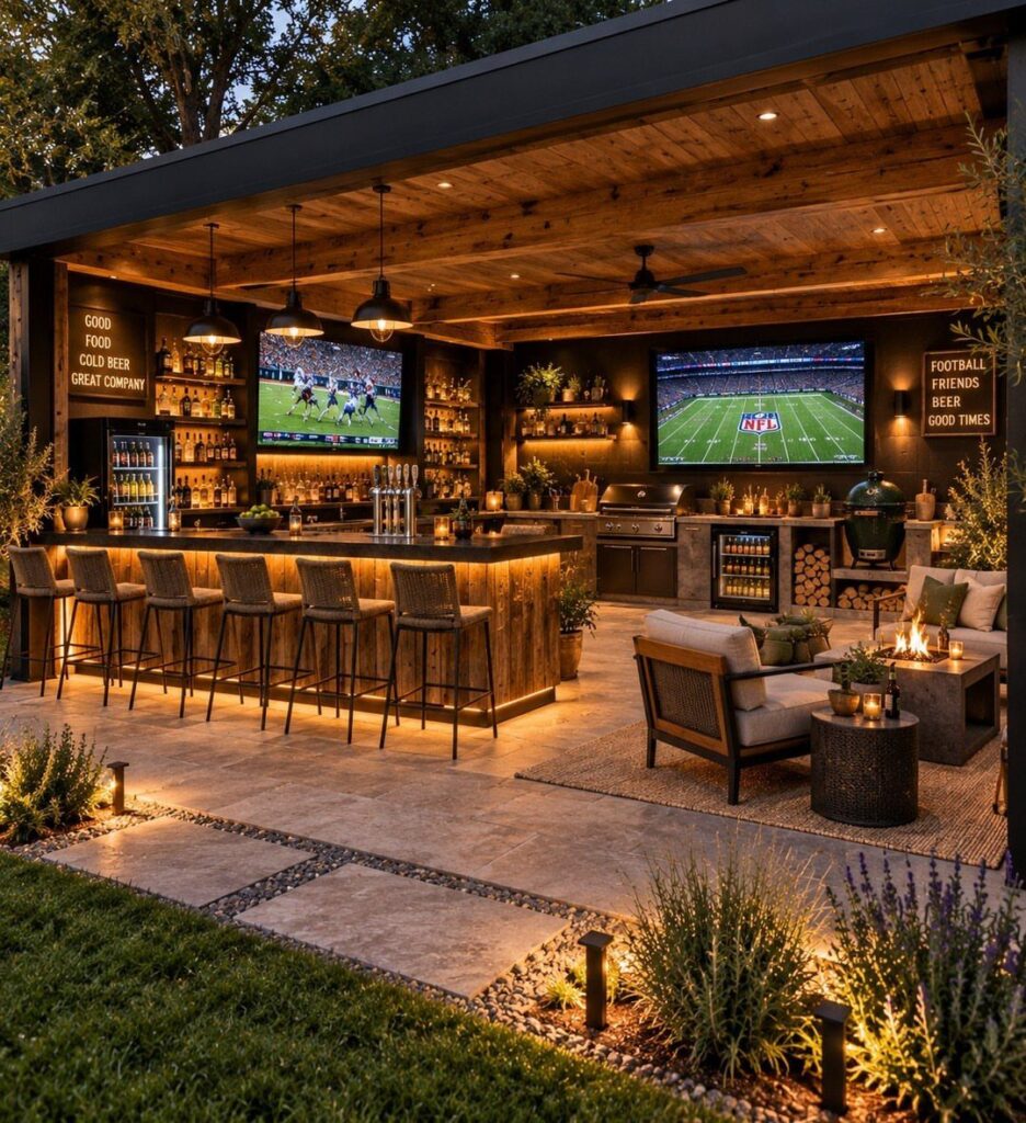 Outdoor kitchen pavilion featuring a bar, television screens, grill, and lounge seating area at night.