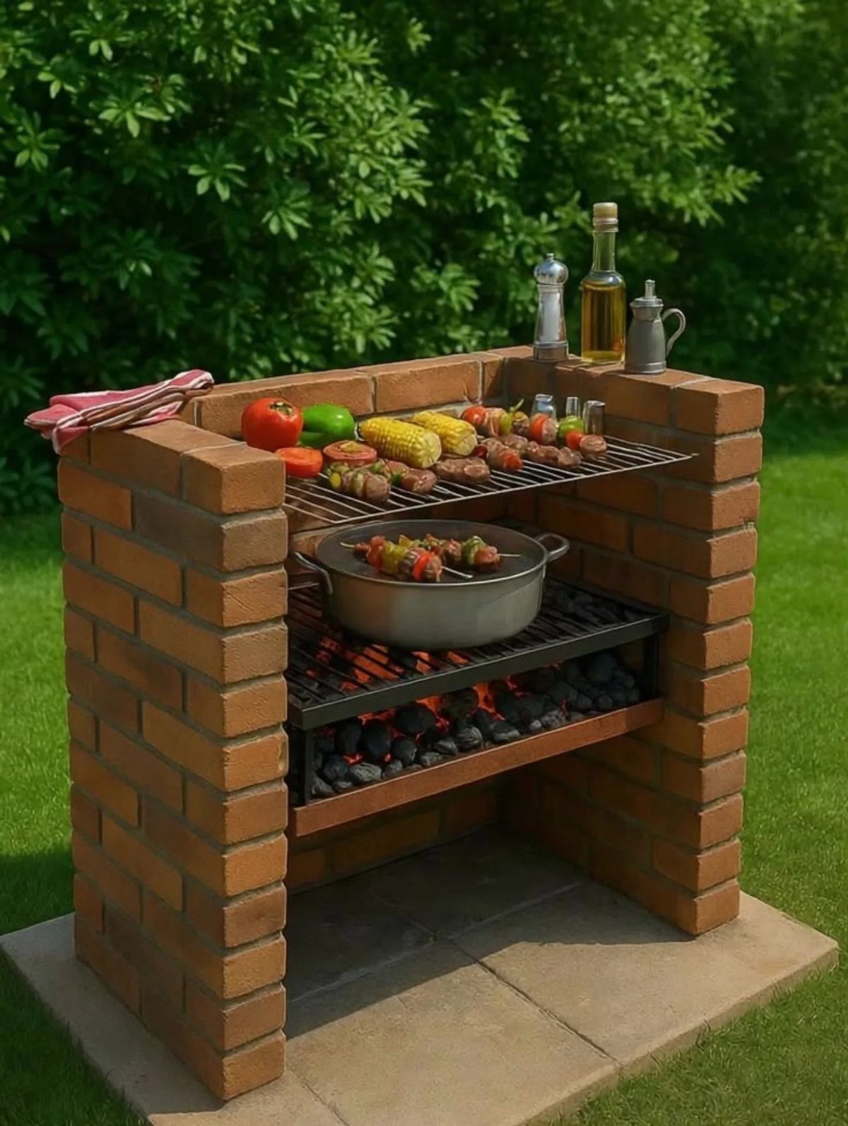 A multi-level brick barbecue with two cooking tiers featuring vegetables and a pot over coals.