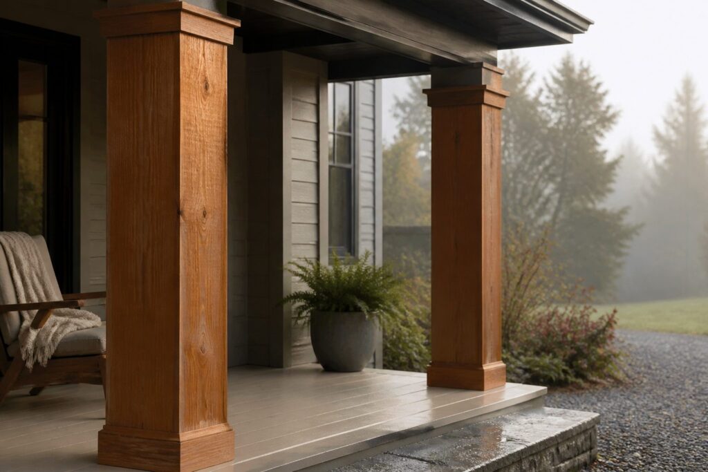 A collection of cedar wrapped porch posts in various styles and sizes.