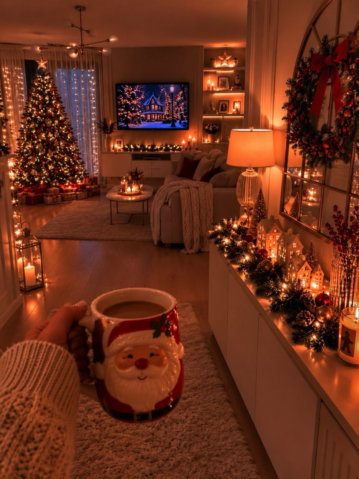 A person holding a Santa Claus mug in a warmly lit, decorated Christmas living room.