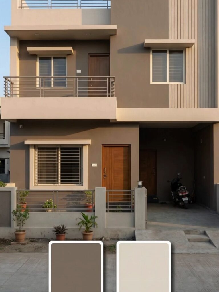 Modern two-story house featuring taupe and grey exterior paint with wooden doors and metal railings.