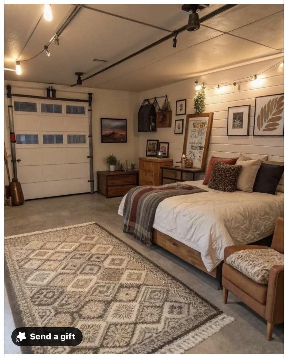 A cozy bedroom setup inside a garage featuring a large bed, patterned rug, and a white garage door.