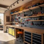 Wooden garage workbench with a tool pegboard, organized shelves, and black storage drawers underneath.