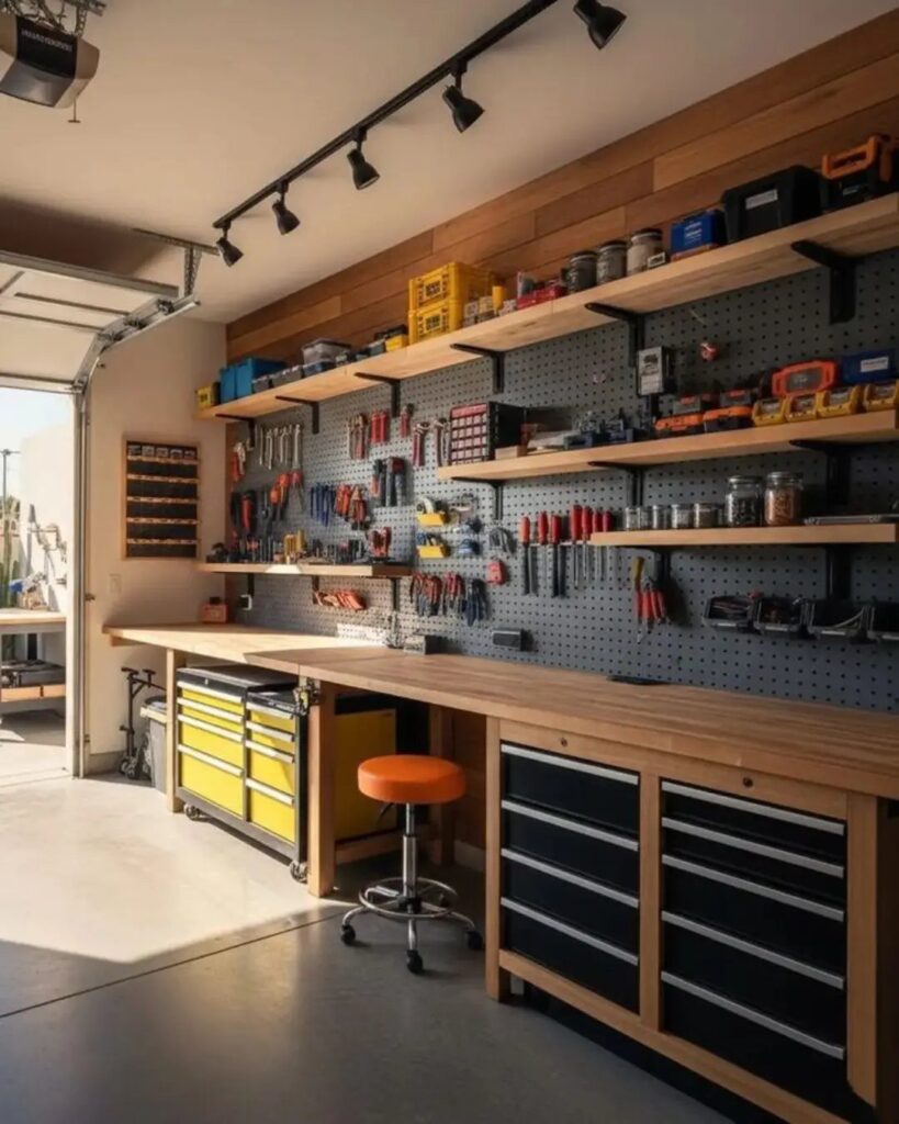 Wooden garage workbench with a tool pegboard, organized shelves, and black storage drawers underneath.