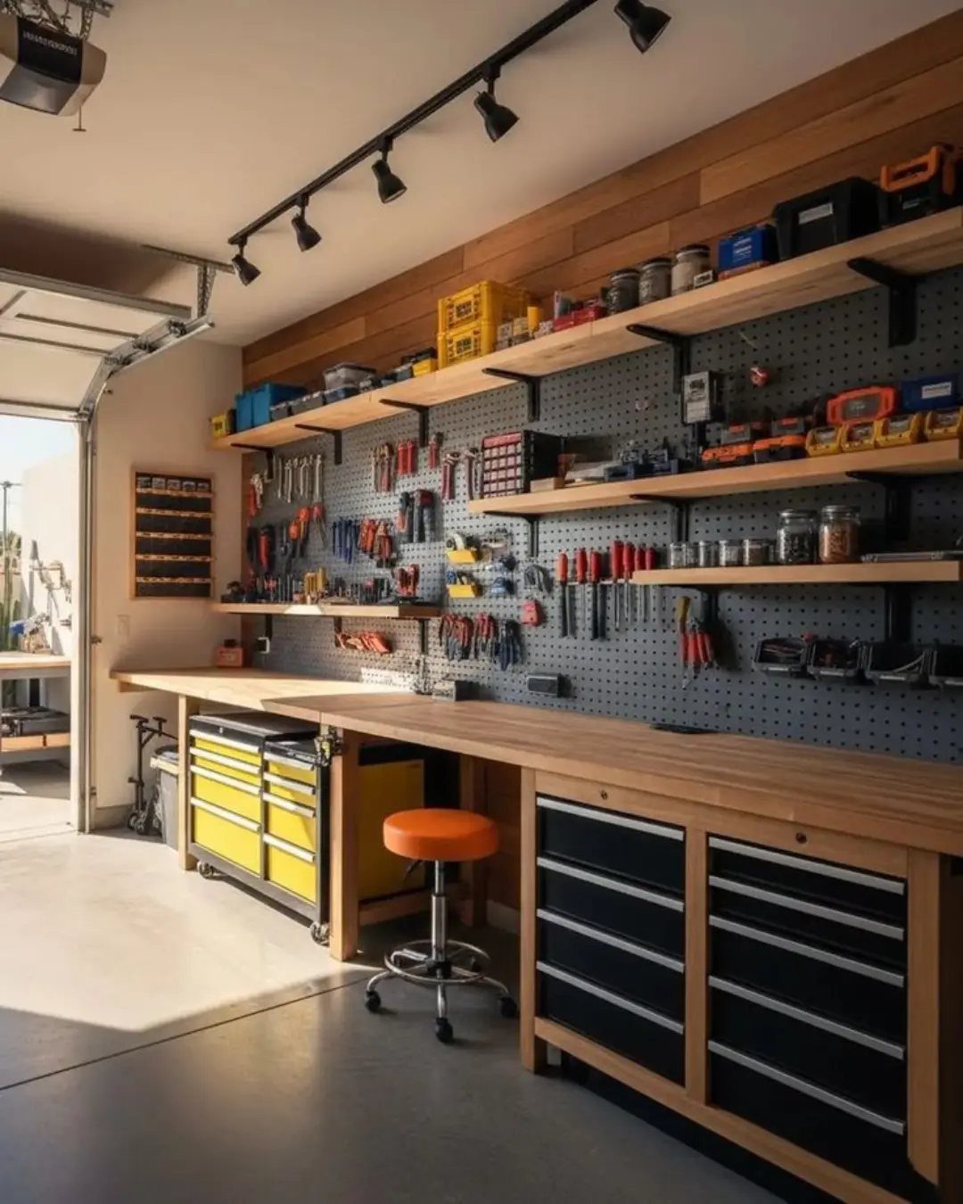 Wooden garage workbench with a tool pegboard, organized shelves, and black storage drawers underneath.