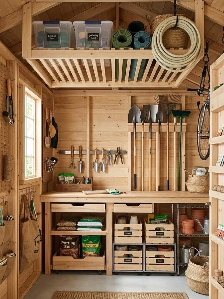 Organized wooden garden shed interior with tools hanging on walls and supplies stored in crates and bins.