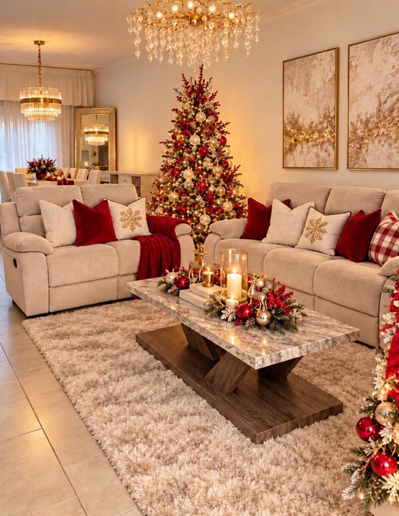 A festive living room featuring a decorated Christmas tree, beige sofas with red pillows, and a marble coffee table.