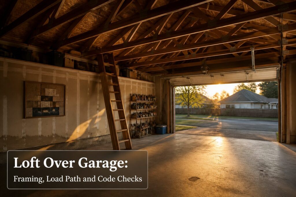 A garage with a loft framed above, showing trusses and drywall.