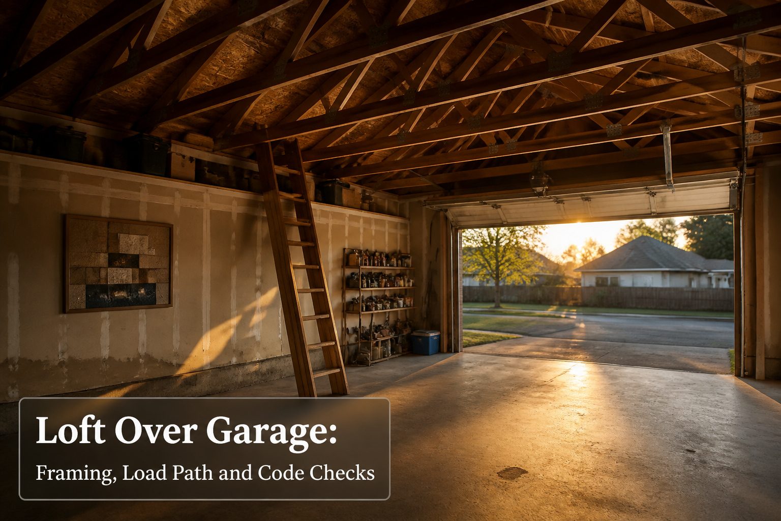 A garage with a loft framed above, showing trusses and drywall.