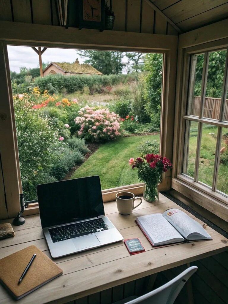 Wooden desk with a laptop and open book inside a garden studio overlooking a lush backyard.