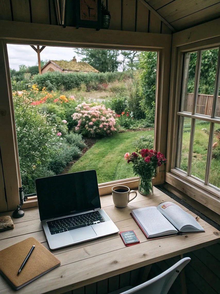 Wooden desk with a laptop and open book inside a garden studio overlooking a lush backyard.