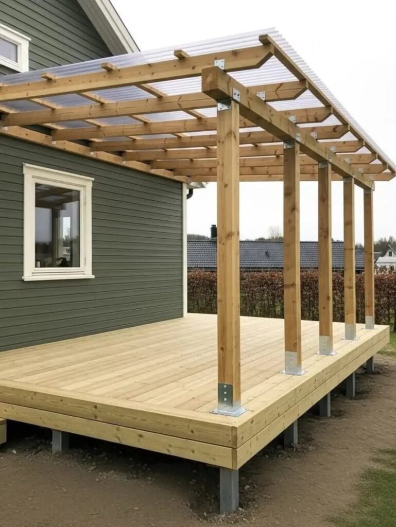 A wooden outdoor deck with a translucent roof attached to a green house.