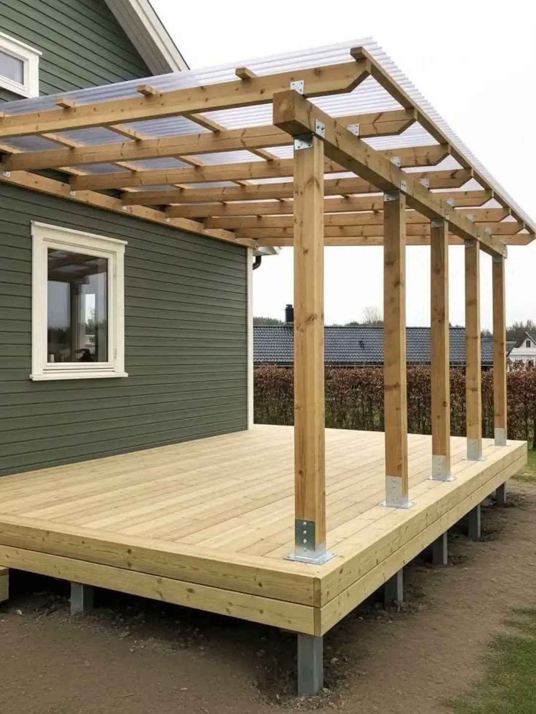 A wooden outdoor deck with a translucent roof attached to a green house.